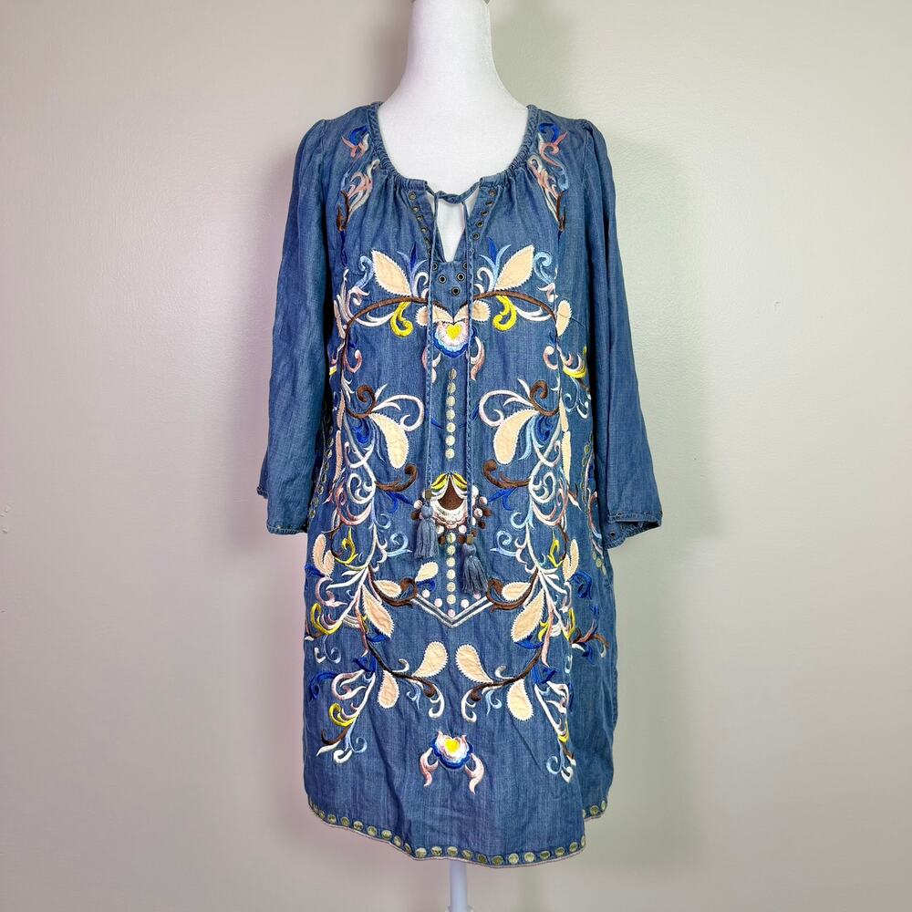 Embroidered Tencel Chambray Tunic Peasant Dress Women's S Boho Festival Cottage - Picture 4 of 14